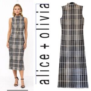 Alice + Olivia Classics Hana Sheath Dress B & W Check Mock Neck Sleeveless SZ SP